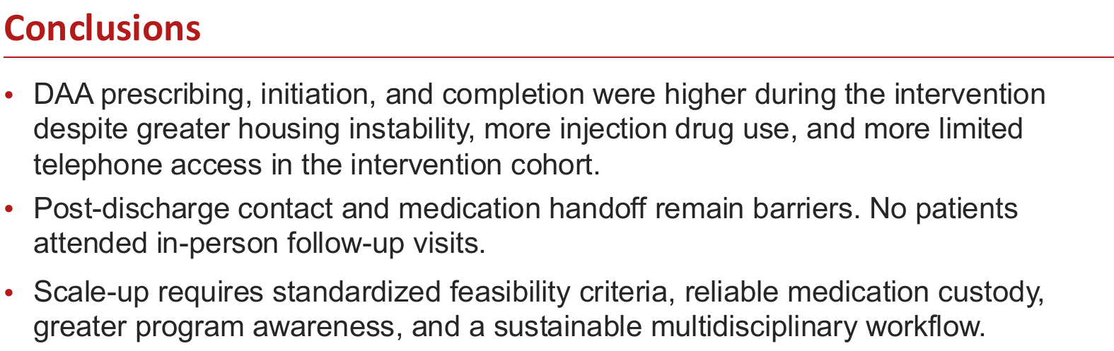 Poster conclusions about treatment outcomes, contact and medication handoff barriers, and requirements for scaling up.