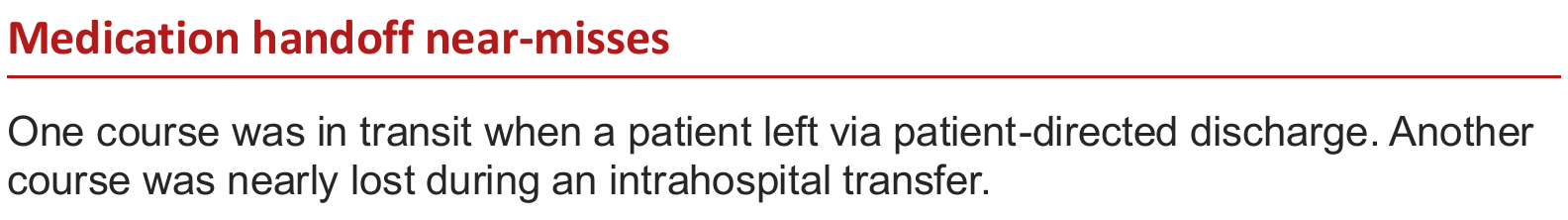 Two examples of medication handoff difficulties during patient-directed discharge and an intrahospital transfer.