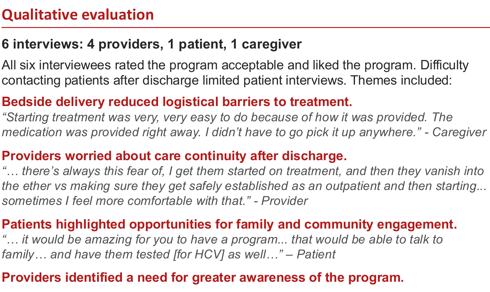 Findings from six interviews: four providers, one patient, and one caregiver, including quotations and themes.