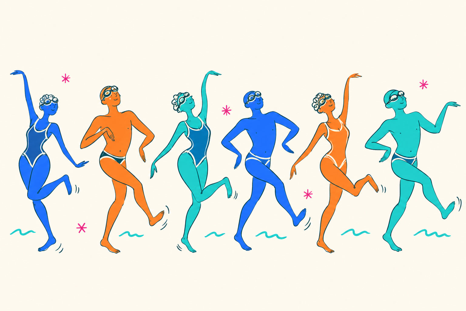 Colorful swimmers line dancing